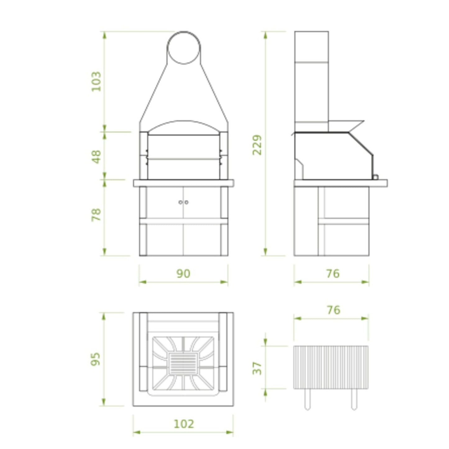 Barbecue a legna in cemento MAXIME CAPPA INOX per giardino - PALAZZETTI con piano Marmotech, vano con antine e doppio caricamento legna