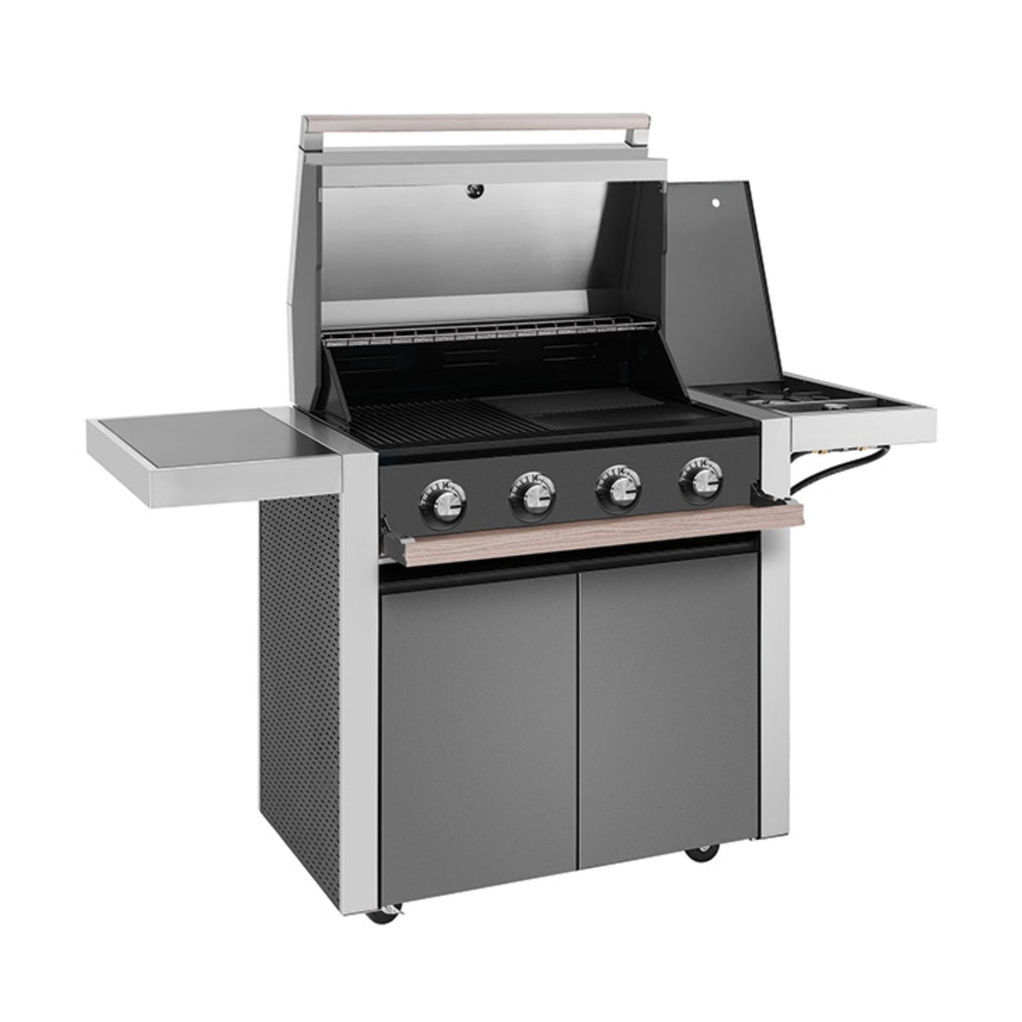 Barbecue con carrello BBQ DISCOVERY 1500E 4 fuochi - IL BRACERE griglia e piastra in ghisa, acciaio inox, fornello laterale 4,2 kW, potenza totale 20,88 kW