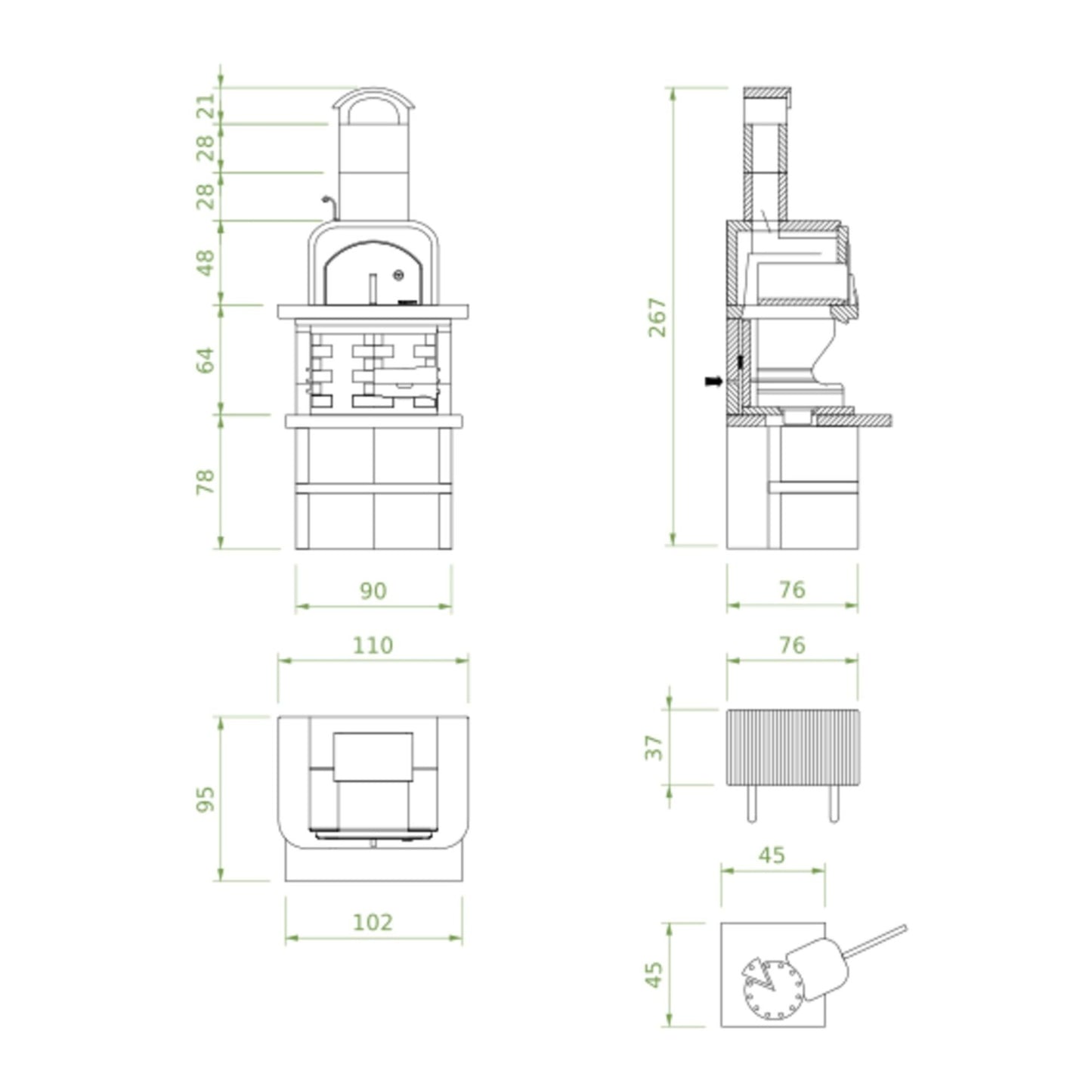 Barbecue in cemento a legna con forno CAPRI 2 - PALAZZETTI griglia inox 76 cm, piano Marmotech e sistema Fast-Fire Box