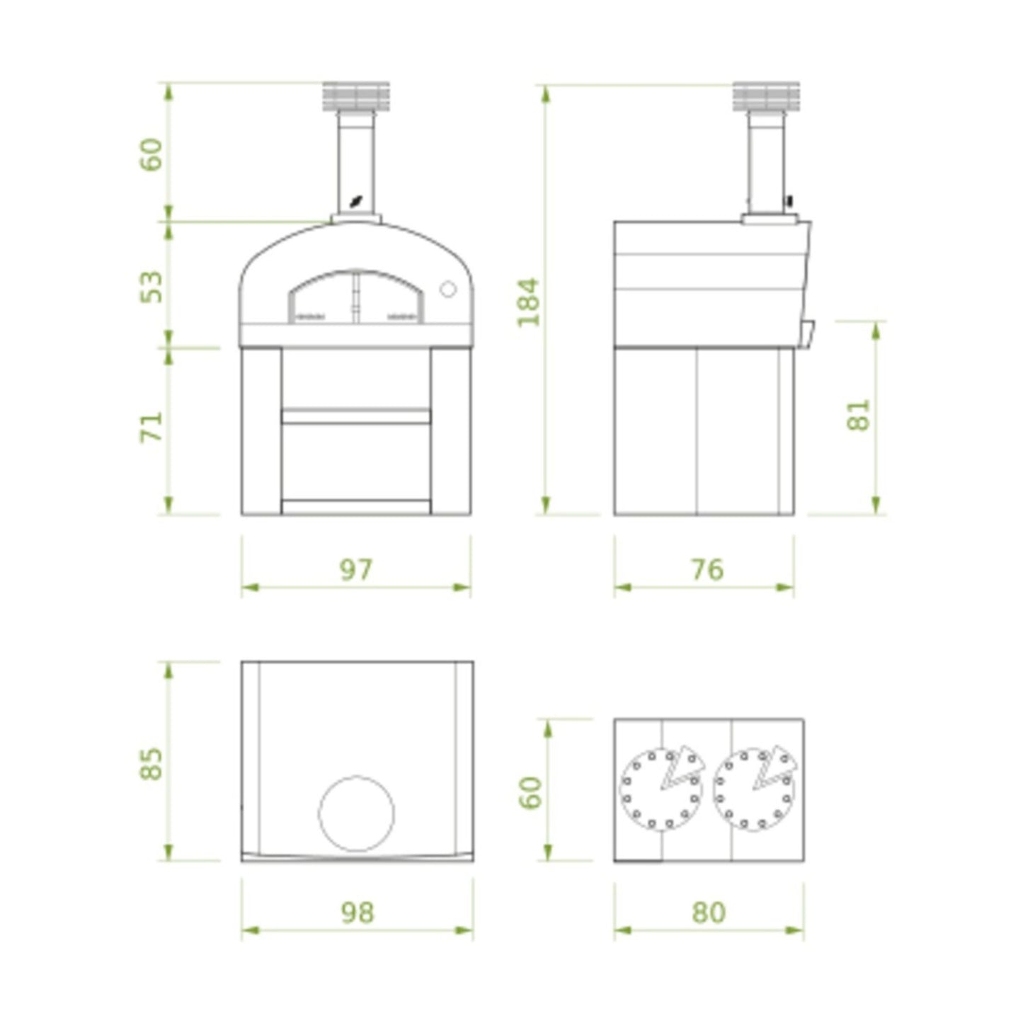 Forno a legna da appoggio CARMINE in acciaio inox - PALAZZETTI camera a volta e isolamento in lana di roccia