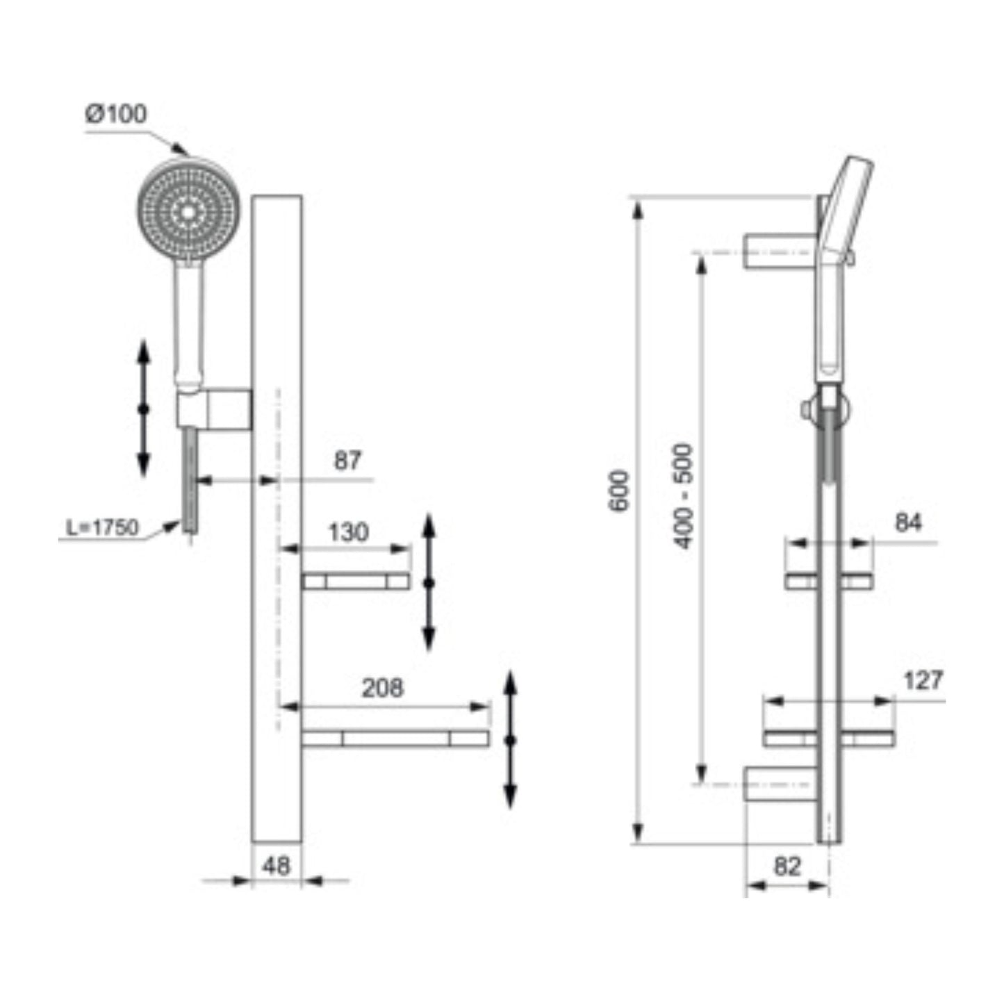 IDEAL STANDARD ALU+ ASTA DOCCIA NERO SETA 700mm in alluminio anodizzato