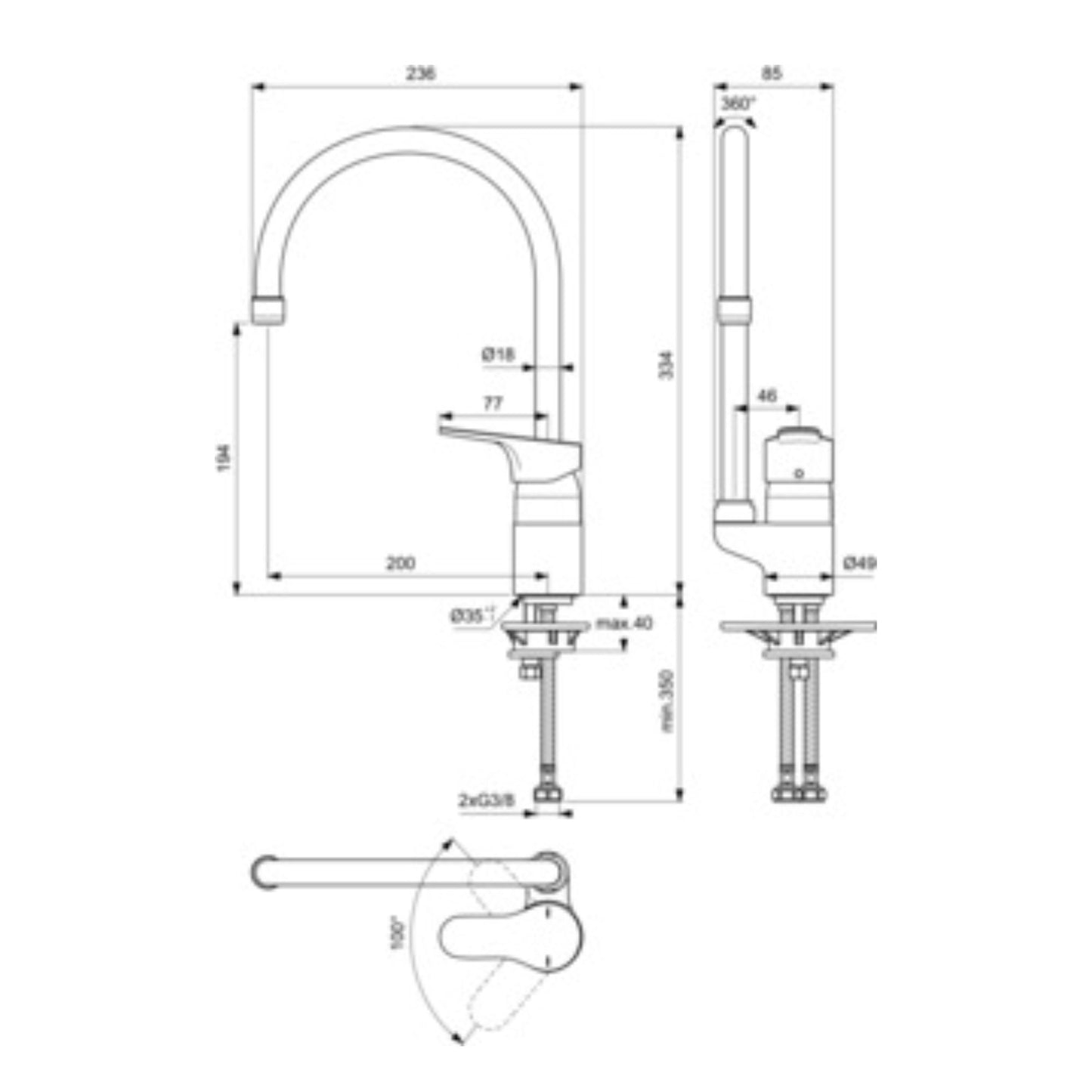 IDEAL STANDARD CERABASE MISCELATORE CUCINA monocomando a bocca alta con maniglia orizzontale