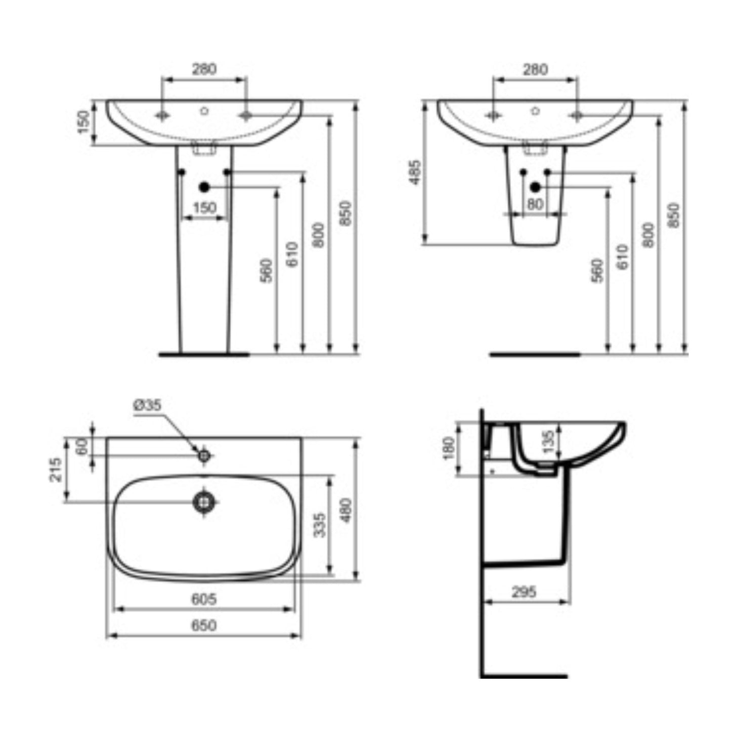 IDEAL STANDARD I.LIFE A LAVABO BIANCO da 650mm con foro centrale per rubinetteria