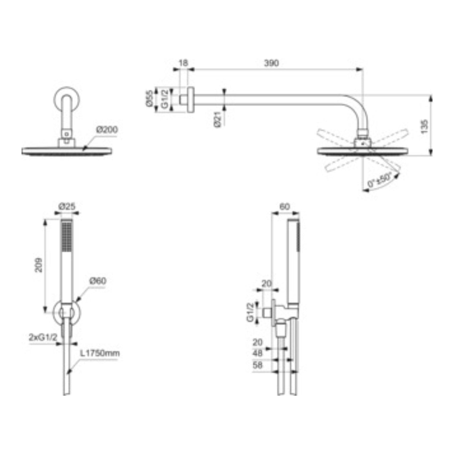 IDEAL STANDARD IDEALRAIN KIT DOCCIA LIGHT CROMATO 5Pz Braccio, Soffione, Doccetta, Raccordo e Tubo