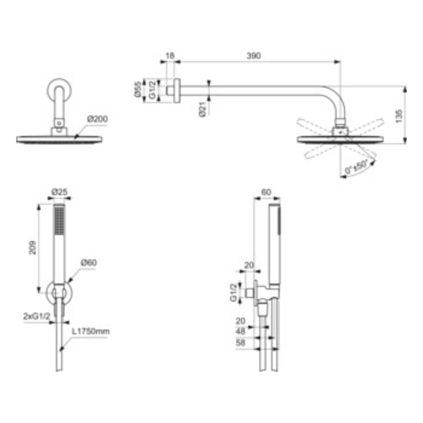 IDEAL STANDARD IDEALRAIN KIT DOCCIA LIGHT NERO 5Pz Braccio, Soffione, Doccetta, Raccordo e Tubo
