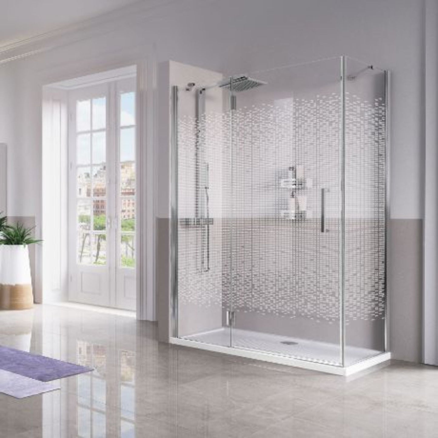 # BOX DOCCIA ad ANGOLO LOUVRE G+F - NOVELLINI 1 anta battente e 1 fisso in linea con 1 pannello fisso laterale