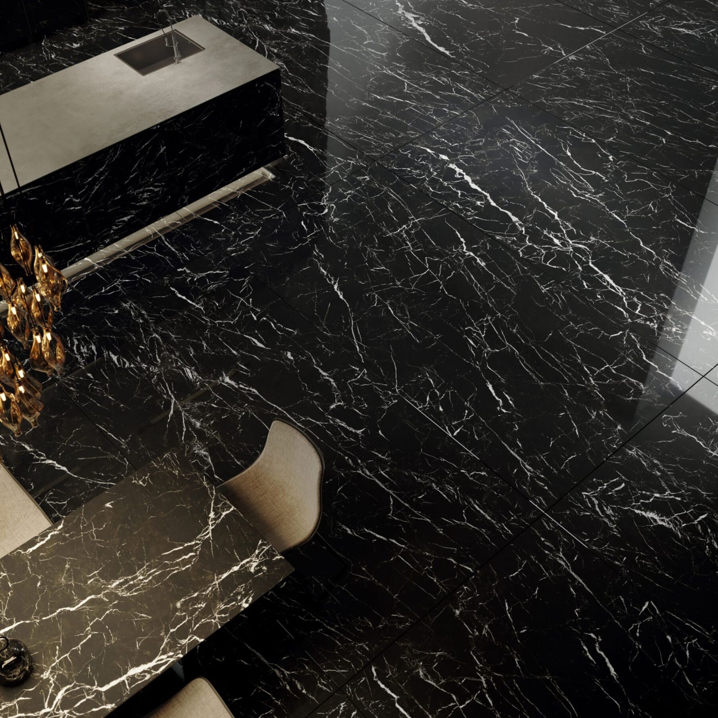 # MARQUINA Gres porcellanato nero lucido - TAGINA Marmo nero lucido con venature bianche