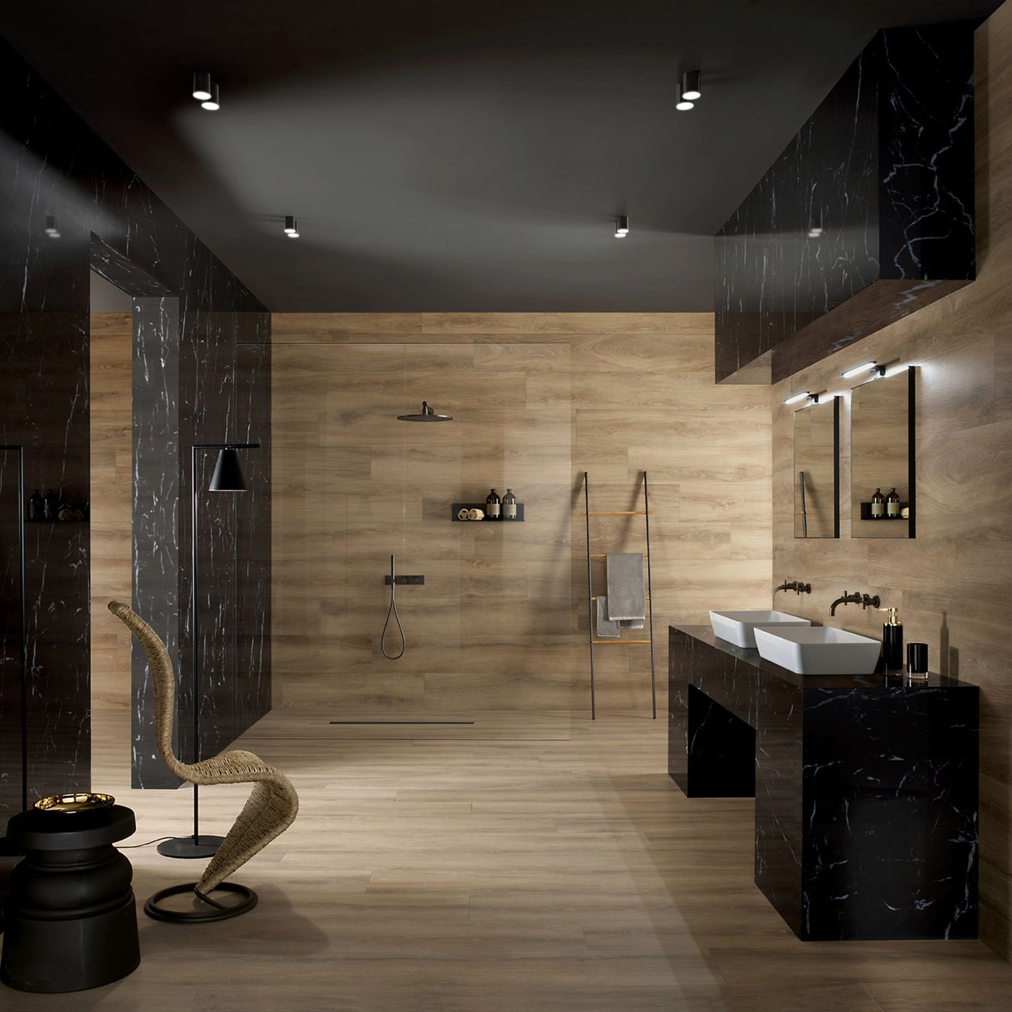 # MARQUINA Gres porcellanato nero lucido - TAGINA Marmo nero lucido con venature bianche