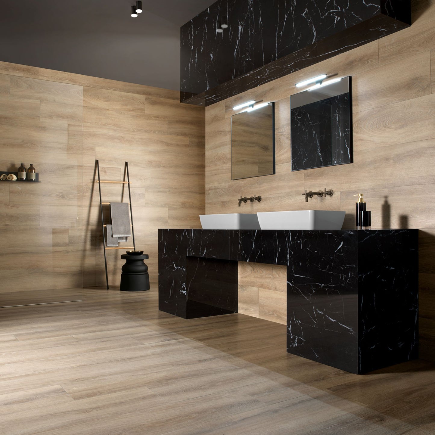 # MARQUINA Gres porcellanato nero lucido - TAGINA Marmo nero lucido con venature bianche