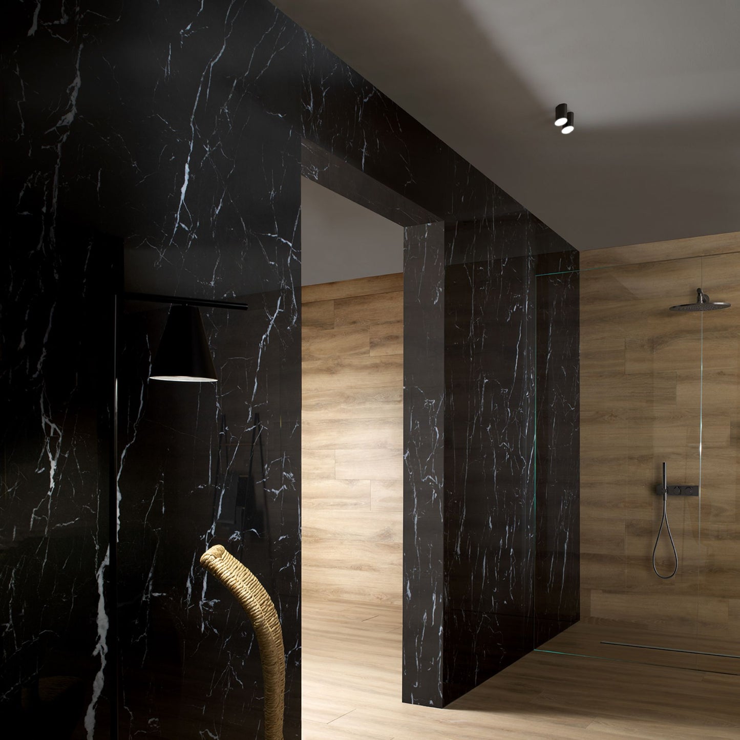 # MARQUINA Gres porcellanato nero lucido - TAGINA Marmo nero lucido con venature bianche