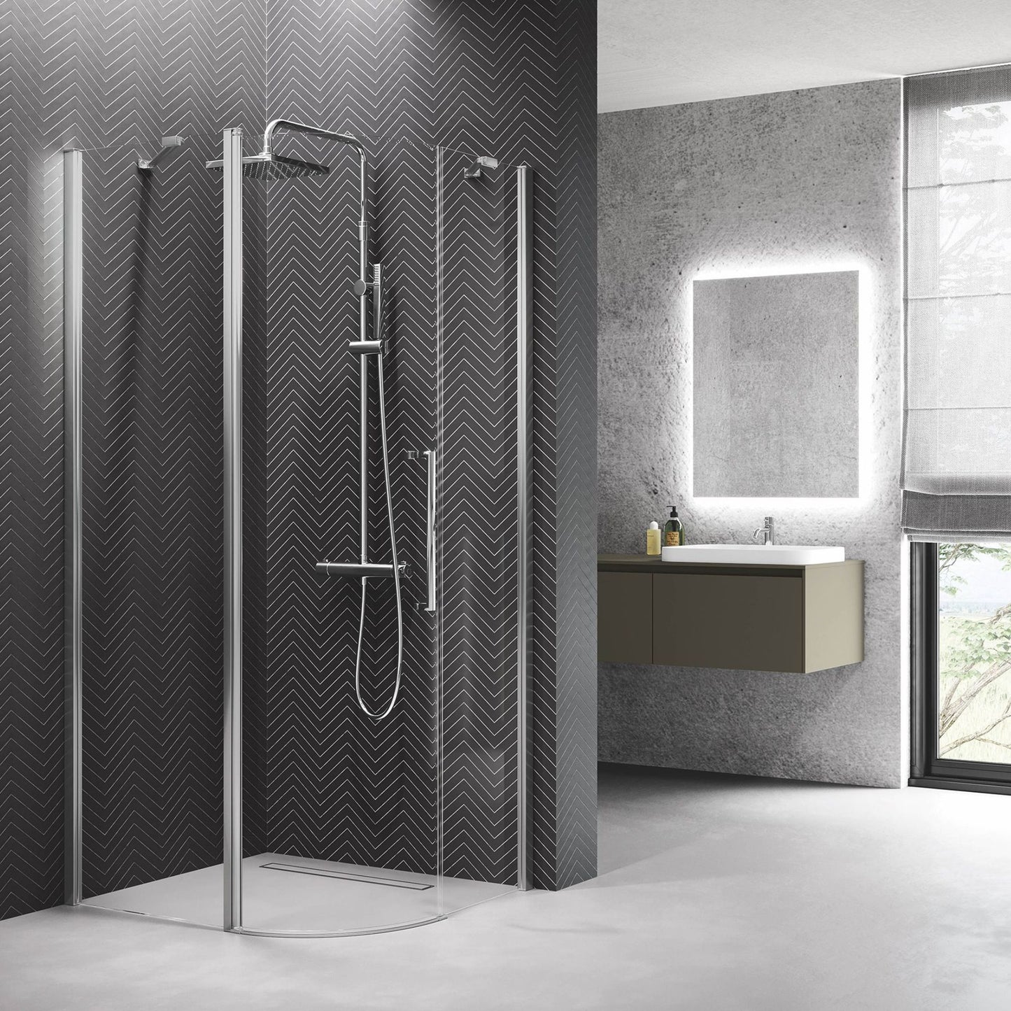 # BOX DOCCIA ad ANGOLO SEMICIRCOLARE ASIMMETRICO YOUNG R - NOVELLINI apertura 1 anta battente e 2 fisse