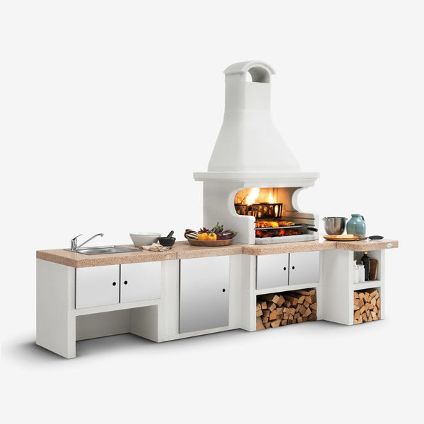 Barbecue a legna in cemento GALLIPOLI ROSSO per giardino - PALAZZETTI con piano Marmotech, focolare rinforzato, sistema Fast-Fire Box