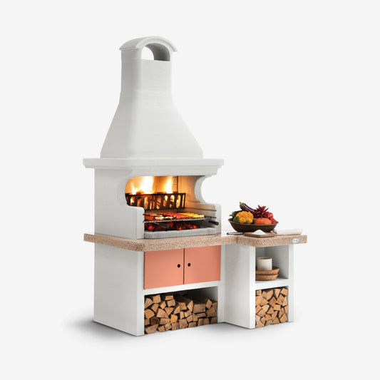 Barbecue a legna in cemento GALLIPOLI ROSSO per giardino - PALAZZETTI con piano Marmotech, focolare rinforzato, sistema Fast-Fire Box