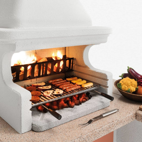 Barbecue a legna in cemento GALLIPOLI ROSSO per giardino - PALAZZETTI con piano Marmotech, focolare rinforzato, sistema Fast-Fire Box