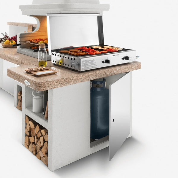 Barbecue a legna in cemento GALLIPOLI ROSSO per giardino - PALAZZETTI con piano Marmotech, focolare rinforzato, sistema Fast-Fire Box