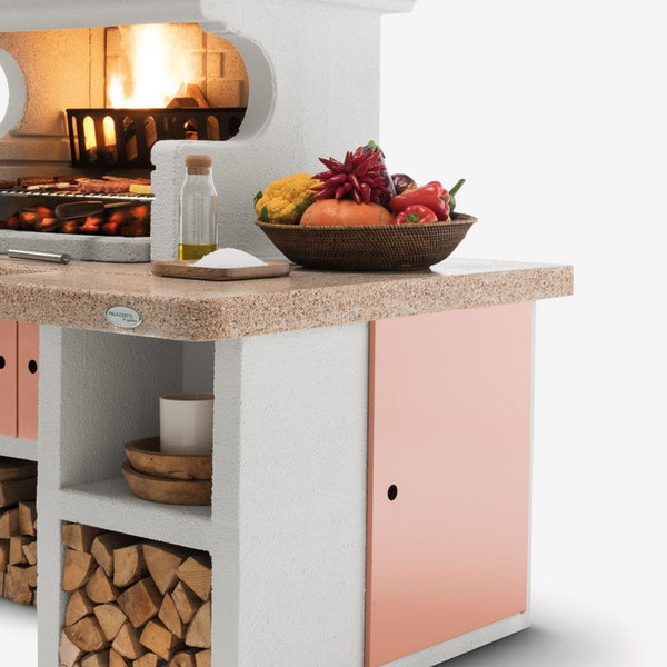Barbecue a legna in cemento GALLIPOLI ROSSO per giardino - PALAZZETTI con piano Marmotech, focolare rinforzato, sistema Fast-Fire Box