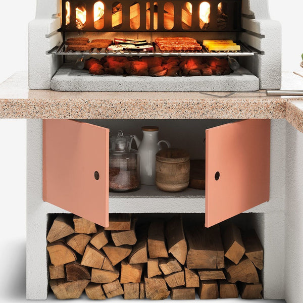 Barbecue a legna in cemento GALLIPOLI ROSSO per giardino - PALAZZETTI con piano Marmotech, focolare rinforzato, sistema Fast-Fire Box