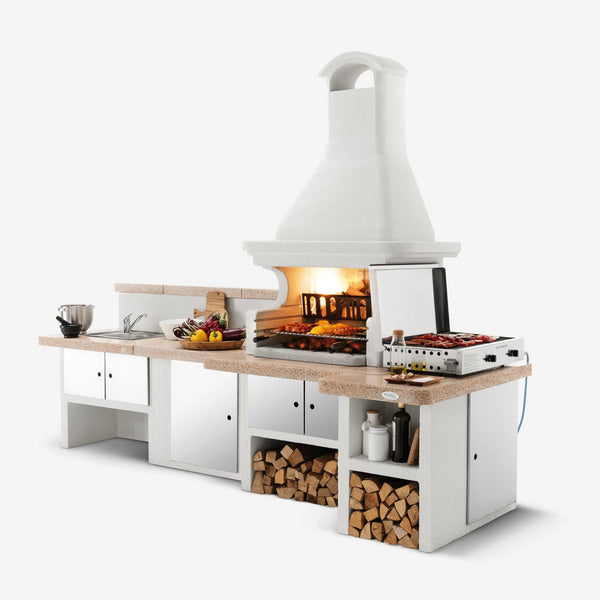 Barbecue a legna in cemento GALLIPOLI ROSSO per giardino - PALAZZETTI con piano Marmotech, focolare rinforzato, sistema Fast-Fire Box