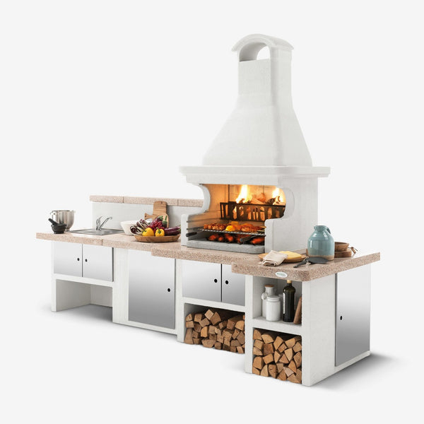 Barbecue a legna in cemento GALLIPOLI ROSSO per giardino - PALAZZETTI con piano Marmotech, focolare rinforzato, sistema Fast-Fire Box