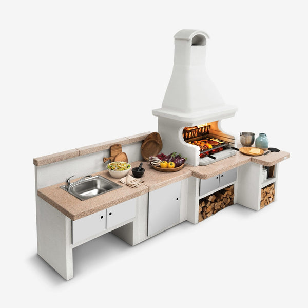 Barbecue a legna in cemento GALLIPOLI ROSSO per giardino - PALAZZETTI con piano Marmotech, focolare rinforzato, sistema Fast-Fire Box