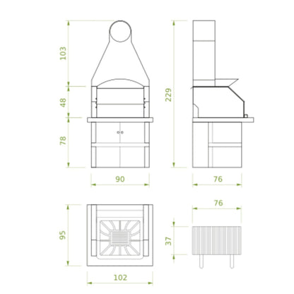 Barbecue a legna in cemento MAXIME CAPPA INOX per giardino - PALAZZETTI con piano Marmotech, vano con antine e doppio caricamento legna