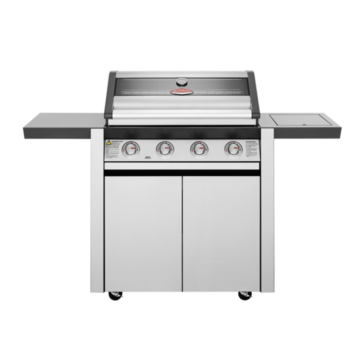 Barbecue con carrello SERIE 1600S ACCIAIO INOX 4 fuochi - IL BRACERE coperchio con vetro, fornello laterale 4,2 kW, potenza 21,2 kW