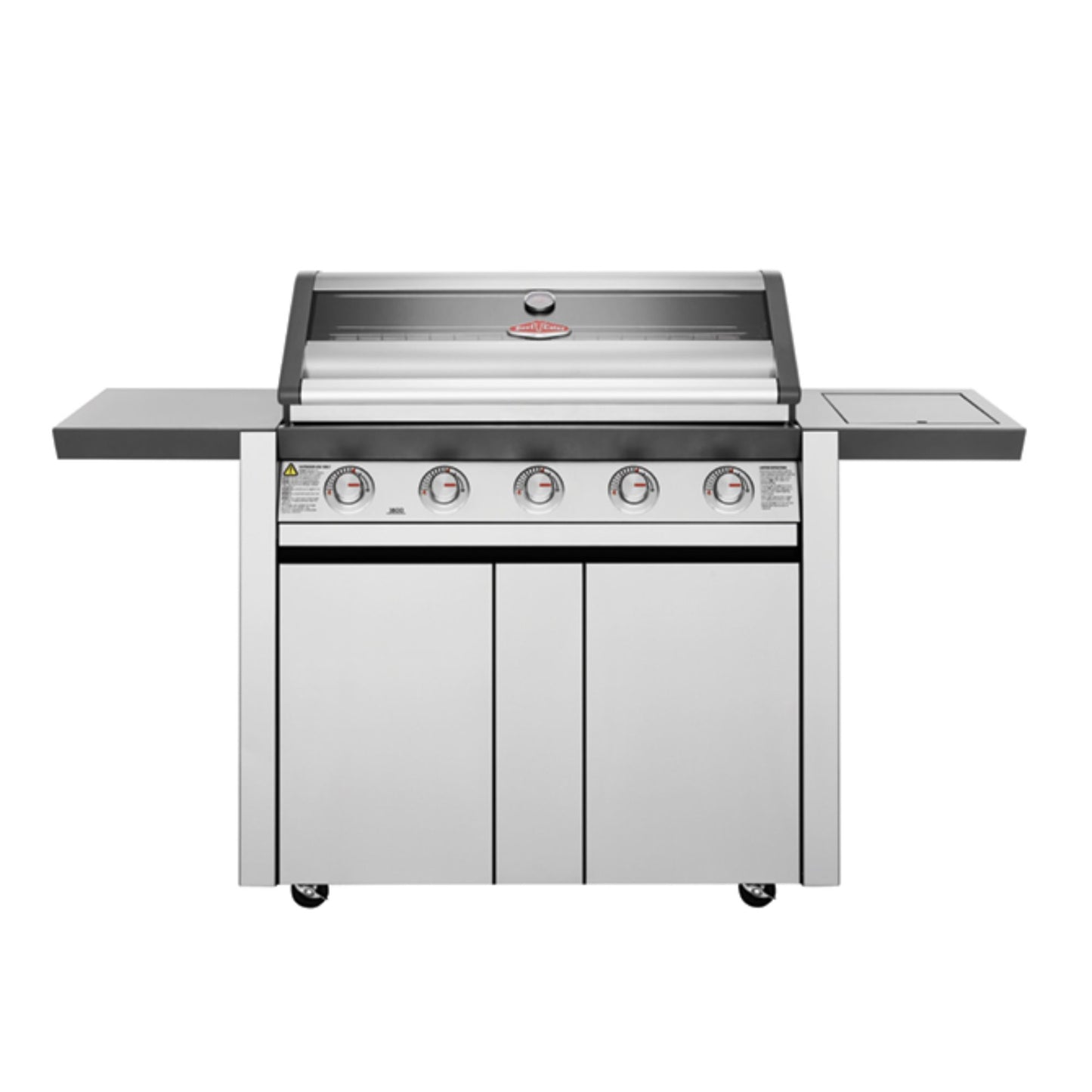 Barbecue con carrello SERIE 1600S ACCIAIO INOX 5 fuochi - IL BRACERE doppia griglia e piastra in ghisa, finestra in vetro, fornello laterale 4,2 kW, potenza totale 21,2 kW