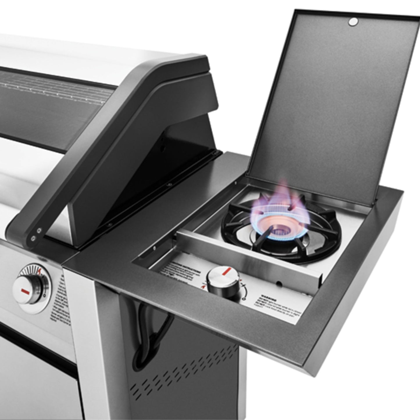 Barbecue con carrello SERIE 1600S ACCIAIO INOX 5 fuochi - IL BRACERE doppia griglia e piastra in ghisa, finestra in vetro, fornello laterale 4,2 kW, potenza totale 21,2 kW
