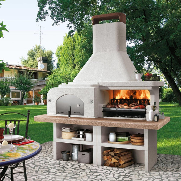 Barbecue in cemento a legna GARGANO ROSSO CON FORNO e GRIGLIA - PALAZZETTI ideale per pane, pizza e grigliate in giardino