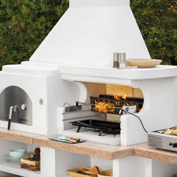 Barbecue in cemento a legna GARGANO ROSSO CON FORNO e GRIGLIA - PALAZZETTI ideale per pane, pizza e grigliate in giardino