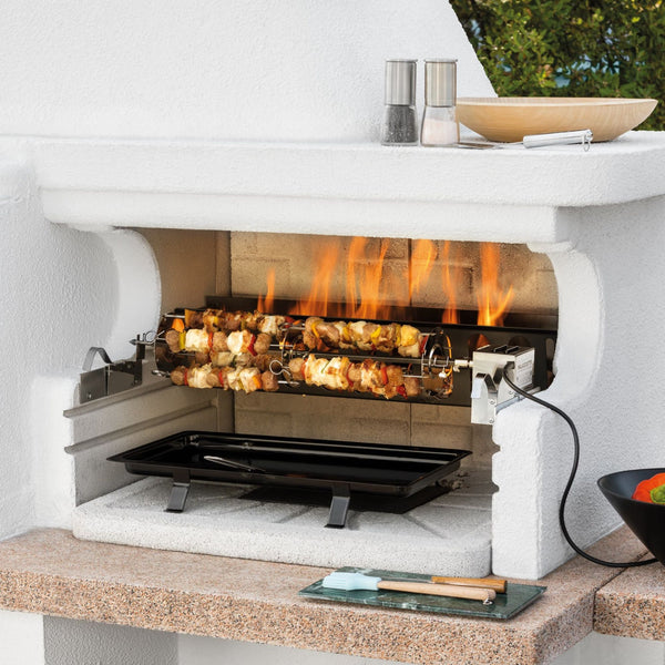 Barbecue in cemento a legna GARGANO ROSSO CON FORNO e GRIGLIA - PALAZZETTI ideale per pane, pizza e grigliate in giardino
