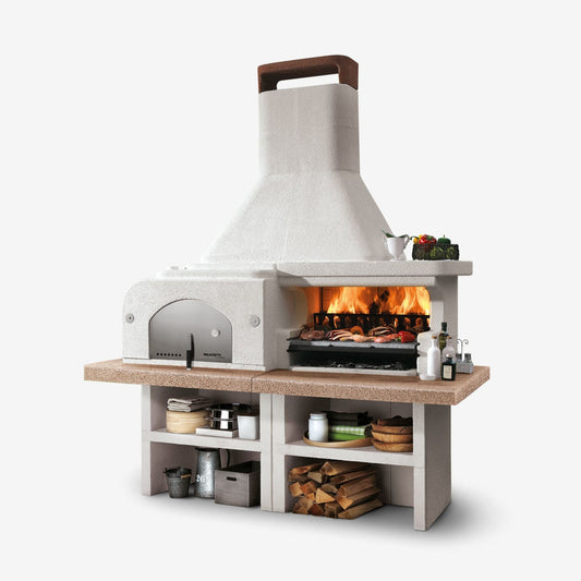 Barbecue in cemento a legna BARGANO ROSSO CON FORNO e GRIGLIA - PALAZZETTI ideale per pane, pizza e grigliate in giardino
