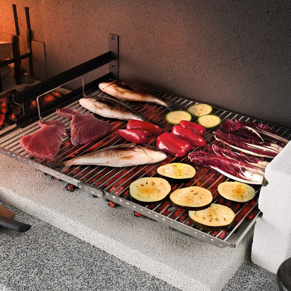Barbecue in cemento a legna TRINIDAD con griglia extra large - PALAZZETTI braciere laterale, piano Marmotech e struttura in cemento