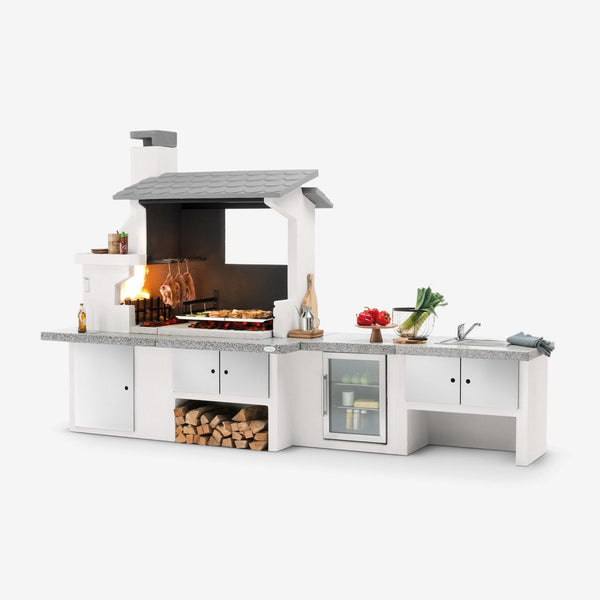 Barbecue in cemento a legna TRINIDAD con griglia extra large - PALAZZETTI braciere laterale, piano Marmotech e struttura in cemento