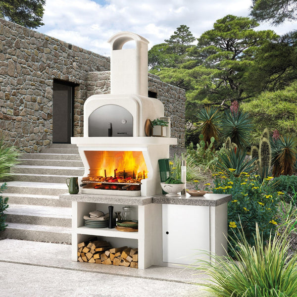 Barbecue in cemento a legna con forno CAPRI 2 - PALAZZETTI griglia inox 76 cm, piano Marmotech e sistema Fast-Fire Box