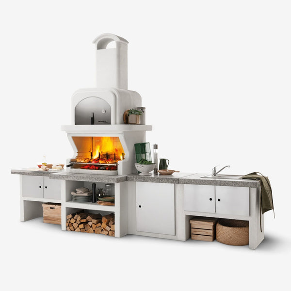 Barbecue in cemento a legna con forno CAPRI 2 - PALAZZETTI griglia inox 76 cm, piano Marmotech e sistema Fast-Fire Box
