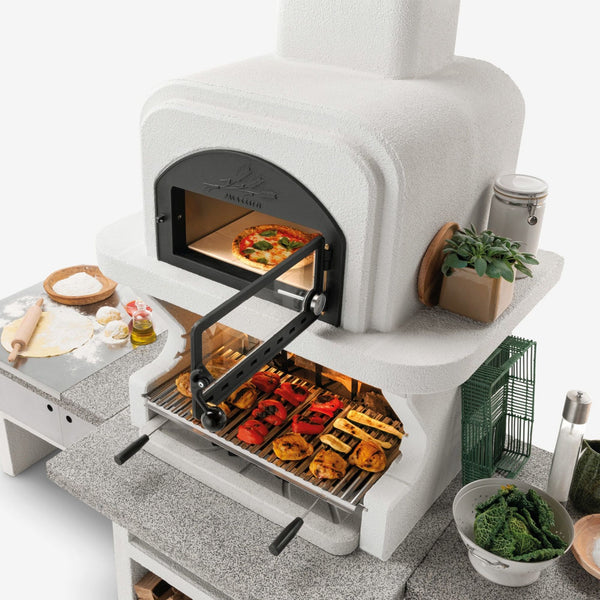 Barbecue in cemento a legna con forno CAPRI 2 - PALAZZETTI griglia inox 76 cm, piano Marmotech e sistema Fast-Fire Box