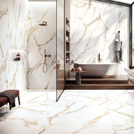 # CALACATTA GOLD Gres porcellanato effetto marmo - TAGINA piastrelle dall'eleganza naturale, venature oro su fondo bianco