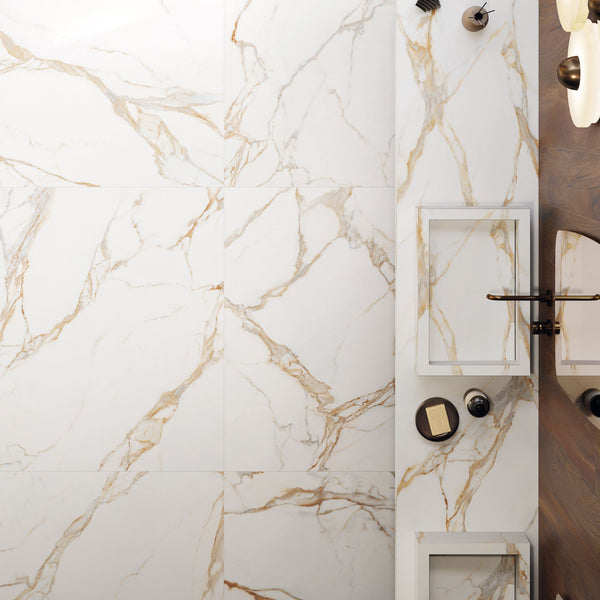 # CALACATTA GOLD Gres porcellanato effetto marmo - TAGINA piastrelle dall'eleganza naturale, venature oro su fondo bianco