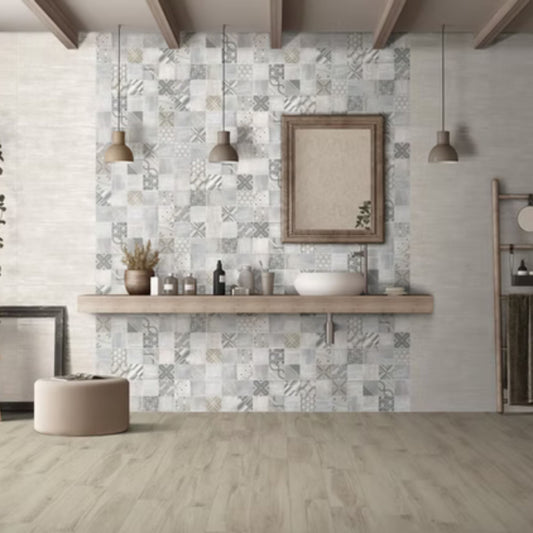 ETOILE SAVOIA ITALIA rivestimenti in bicottura in pasta bianca effetto cemento e muretto decorato per pareti bagno e living