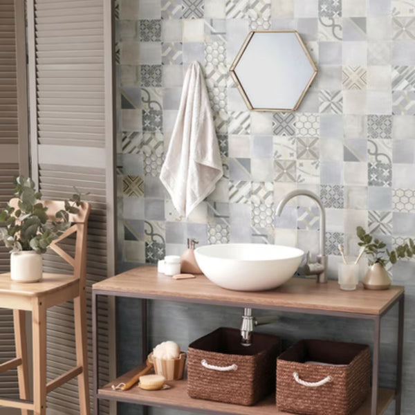 ETOILE SAVOIA ITALIA rivestimenti in bicottura in pasta bianca effetto cemento e muretto decorato per pareti bagno e living