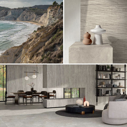 Gres porcellanato ROYAL TRAVERTINO FONDOVALLE effetto pietra 3D texture per pavimenti interni e grandi formati