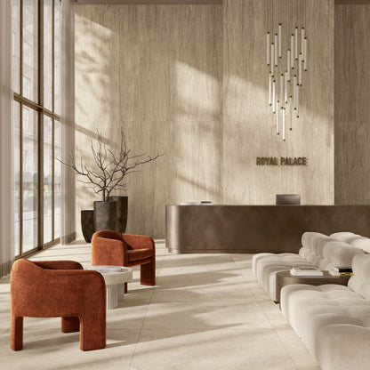 Gres porcellanato ROYAL TRAVERTINO FONDOVALLE effetto pietra 3D texture per pavimenti interni e grandi formati