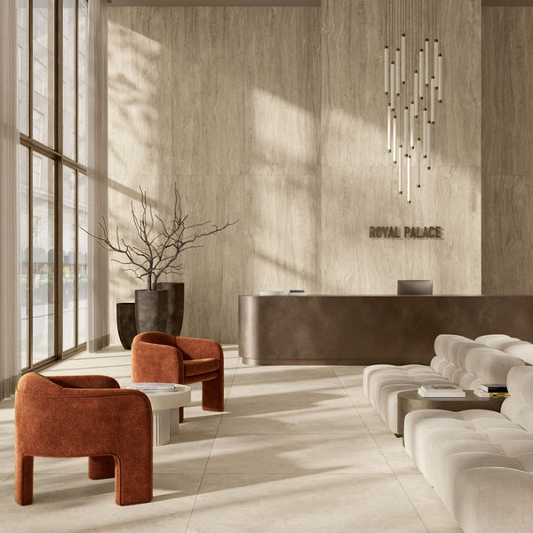 Gres porcellanato ROYAL TRAVERTINO FONDOVALLE effetto pietra 3D texture per pavimenti interni e grandi formati
