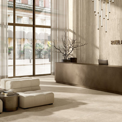 Gres porcellanato ROYAL TRAVERTINO FONDOVALLE effetto pietra 3D texture per pavimenti interni e grandi formati
