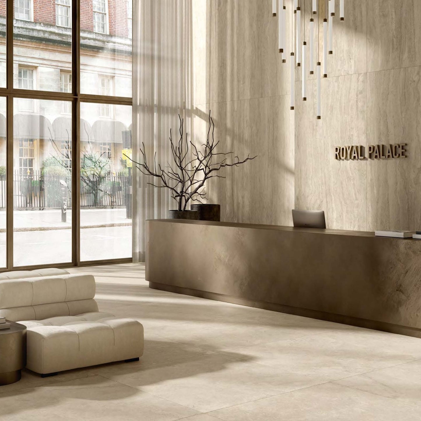 Gres porcellanato ROYAL TRAVERTINO FONDOVALLE effetto pietra 3D texture per pavimenti interni e grandi formati