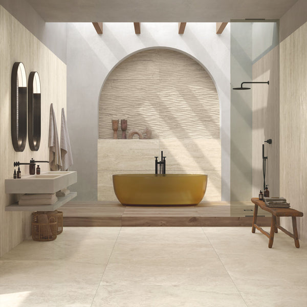 Gres porcellanato ROYAL TRAVERTINO FONDOVALLE effetto pietra 3D texture per pavimenti interni e grandi formati