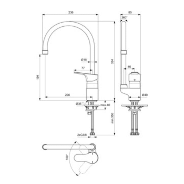 IDEAL STANDARD CERABASE MISCELATORE CUCINA monocomando a bocca alta con maniglia orizzontale
