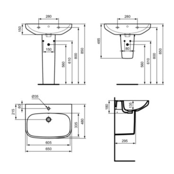 IDEAL STANDARD I.LIFE A LAVABO BIANCO da 650mm con foro centrale per rubinetteria