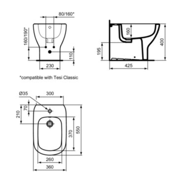 IDEAL STANDARD TESI BIDET BIANCO SETA monoforo per installazione filo parete